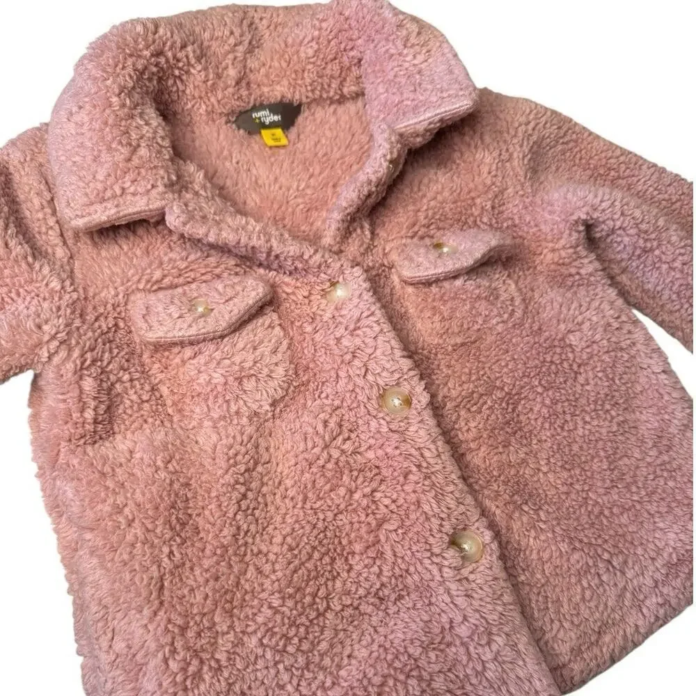 Rumi Ryder Toddler Teddy Coat Pink 3T Plush Soft Button Front Pockets
